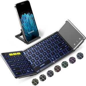 Full-Size Backlit Foldable Bluetooth Keyboard with Touchpad, Gray | 7-color illuminated, BT5.1 x 3, Multi-touch Trackpad, PU Leather Cover, Phone Holder, Mouse click, Velvet bag, Mobile Work Full-Size Backlit Foldable Bluetooth Keyboard with Touchpad, Gray | 7-color illuminated, BT5.1 x 3, Multi-touch Trackpad, PU Leather Cover, Phone Holder, Mouse click, Velvet bag, Mobile Work