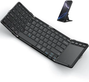 Foldable Keyboard with Touchpad for iPad, Tablets, Laptop | Rechargeable, 3 Bluetooth Channel, Pocket-Size, Folding Stand, BK005 Trackpad Keyboard, Anti-Slip Leather Cover, Black Foldable Keyboard with Touchpad for iPad, Tablets, Laptop | Rechargeable, 3 Bluetooth Channel, Pocket-Size, Folding Stand, BK005 Trackpad Keyboard, Anti-Slip Leather Cover, Black