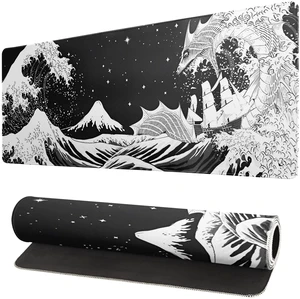 Black and White Japanese Wave Dragon Gaming Mouse Pad - Abstract Mat with Non-Slip Rubber Base, 31.5x11.8 Inch, Stitched Edges - Desk Pad for Office and Home Black and White Japanese Wave Dragon Gaming Mouse Pad - Abstract Mat with Non-Slip Rubber Base, 31.5x11.8 Inch, Stitched Edges - Desk Pad for Office and Home