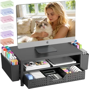 Desk Organizers and Accessories, Computer Monitor Stand Riser with Drawer and 2 Pen Holders, Printer & Laptop Stand, Office Desk Accessories & Workspace Organizers for Home Office Supplies, Black Desk Organizers and Accessories, Computer Monitor Stand Riser with Drawer and 2 Pen Holders, Printer & Laptop Stand, Office Desk Accessories & Workspace Organizers for Home Office Supplies, Black
