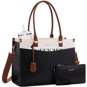 Laptop Bag for Women, 2-in-1 Tote Purse with Clutch & Cup Holder, Waterproof Briefcase for Work Travel, Large Capacity Structured Work Bag 15.6 Inch, Black-Beige-Brown Laptop Bag for Women, 2-in-1 Tote Purse with Clutch & Cup Holder, Waterproof Briefcase for Work Travel, Large Capacity Structured Work Bag 15.6 Inch, Black-Beige-Brown