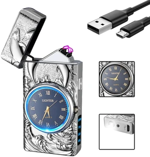 Electric Lighters Rechargeable USB Cool Lighters Vintage Design Plasma Lighter with 3D Dolphin Clock LED Light for Camping Giving (Silver) Electric Lighters Rechargeable USB Cool Lighters Vintage Design Plasma Lighter with 3D Dolphin Clock LED Light for Camping Giving (Silver)