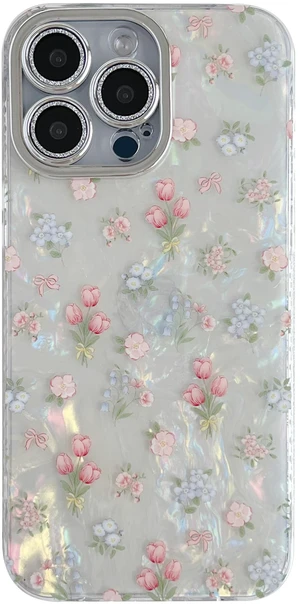 Cute Tulip Flowers Bow Shell Pattern Phone Case Compatible with iPhone Case (White,for iPhone 14) Cute Tulip Flowers Bow Shell Pattern Phone Case Compatible with iPhone Case (White,for iPhone 14)