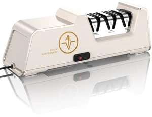 Electric Knife Sharpener, Champagne Gold & White | 100% Diamond Abrasives, 3-Stage Precision Angle Guides, For Kitchen Straight Edge Knives, For Ceramic Knives, Professional Electric Knife Sharpener, Champagne Gold & White | 100% Diamond Abrasives, 3-Stage Precision Angle Guides, For Kitchen Straight Edge Knives, For Ceramic Knives, Professional