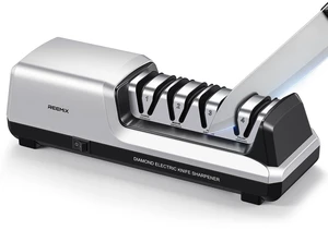 Electric Knife Sharpener with 4-Stage Sharpening | (Repair, Coarse, Medium, Fine & Polish), 20° Fixed Angle, Non-Slip Base & Metal Shavings Collector for Kitchen Knives, Sliver Electric Knife Sharpener with 4-Stage Sharpening | (Repair, Coarse, Medium, Fine & Polish), 20° Fixed Angle, Non-Slip Base & Metal Shavings Collector for Kitchen Knives, Sliver