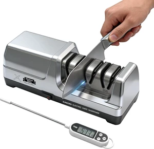 3-Stage Electric Knife Sharpener with 20° Angle & Thermometer | Automatic Knife Sharpener with 100% Diamond Abrasives for Fast Coarse, Fine & Polishing Knives with Metal Dust Collection Box 3-Stage Electric Knife Sharpener with 20° Angle & Thermometer | Automatic Knife Sharpener with 100% Diamond Abrasives for Fast Coarse, Fine & Polishing Knives with Metal Dust Collection Box