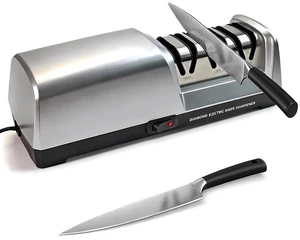 3-Stage Electric Knife Sharpener for Kitchen Knives, Silver | Kitchen knife sharpener with 3-stage diamond edge care, 15° guide, and non-slip base for chef, utility, and paring knives 3-Stage Electric Knife Sharpener for Kitchen Knives, Silver | Kitchen knife sharpener with 3-stage diamond edge care, 15° guide, and non-slip base for chef, utility, and paring knives