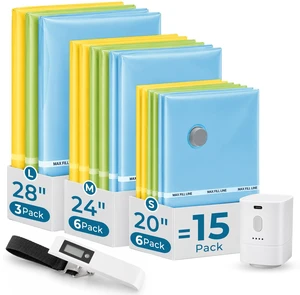 15 Pack Vacuum Storage Bags for Travel with Cordless Pump & Scale | Save 80% Space, Rechargeable Cordless Electric Pump, 3 Sizes for 20", 24" & 28" Luggage, Color-Coded Organization, Clear Back 15 Pack Vacuum Storage Bags for Travel with Cordless Pump & Scale | Save 80% Space, Rechargeable Cordless Electric Pump, 3 Sizes for 20", 24" & 28" Luggage, Color-Coded Organization, Clear Back