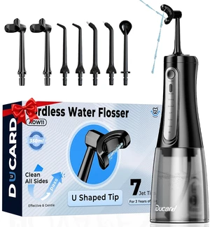 Cordless Water Flosser with U-Shaped Nozzle, 350ML Tank, 7 Jet Tips | Features 5 Cleaning Modes and IPX7 Waterproof. Portable and Rechargeable for Adult & Child Daily Oral Care and Travel, Black Cordless Water Flosser with U-Shaped Nozzle, 350ML Tank, 7 Jet Tips | Features 5 Cleaning Modes and IPX7 Waterproof. Portable and Rechargeable for Adult & Child Daily Oral Care and Travel, Black