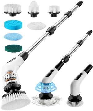 Electric Spin Scrubber, Shower Scrubber with Long Handle Cup Brushes | Cordless Cleaning Brush, 90-Min Extended Runtime,8 Replaceable Heads, 2 Speeds for BathroomTub, Tile, Floor, Grout and Car Electric Spin Scrubber, Shower Scrubber with Long Handle Cup Brushes | Cordless Cleaning Brush, 90-Min Extended Runtime,8 Replaceable Heads, 2 Speeds for BathroomTub, Tile, Floor, Grout and Car