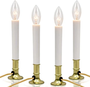 Electric Window Candle Lamp with Golden Plated Base, Set of 4 Plug in Electric Candle Lights Christmas Window Candles with 7 Watt C26 Clear Light Bulbs, Turn On/Off, Ivory Color Cord Electric Window Candle Lamp with Golden Plated Base, Set of 4 Plug in Electric Candle Lights Christmas Window Candles with 7 Watt C26 Clear Light Bulbs, Turn On/Off, Ivory Color Cord