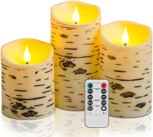 Birch Bark Flameless Candles, Flickering Battery Operated LED Candles, Electric Plastic Pillar Candles with Remote & Timer, Rustic Farmhouse Home Decor, Wedding Centerpiece, Gift Set of 3 Birch Bark Flameless Candles, Flickering Battery Operated LED Candles, Electric Plastic Pillar Candles with Remote & Timer, Rustic Farmhouse Home Decor, Wedding Centerpiece, Gift Set of 3