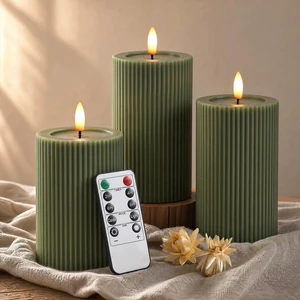 Ribbed Fluted Real Wax Flameless LED Pillar Candles, Loden Sage Olive Green, Melted-Wax Top Look, Flickering Flame, Battery Operated, Remote & Timer, Shelf & Wedding Decor (Set of 3) Ribbed Fluted Real Wax Flameless LED Pillar Candles, Loden Sage Olive Green, Melted-Wax Top Look, Flickering Flame, Battery Operated, Remote & Timer, Shelf & Wedding Decor (Set of 3)
