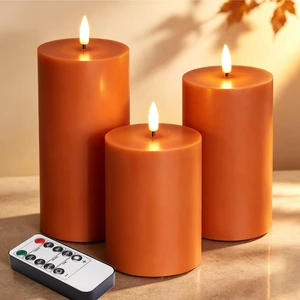 Burnt Orange Fall Halloween Flameless Pillar Candles with Remote Set of 3 | Flickering LED Wax Candles, Thanksgiving Autumn Shelf Table Decor, 2 AA Battery Power, Flat Top Burnt Orange Fall Halloween Flameless Pillar Candles with Remote Set of 3 | Flickering LED Wax Candles, Thanksgiving Autumn Shelf Table Decor, 2 AA Battery Power, Flat Top