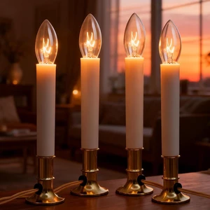 4 Pack Electric Candle Lights for Inside Windows, Christmas Electric Window Candles Plug in with C26 Clear Bulbs, 7W Window Sill Lights with Golden Base On/Off Switch for Home Holiday Wedding Mantel 4 Pack Electric Candle Lights for Inside Windows, Christmas Electric Window Candles Plug in with C26 Clear Bulbs, 7W Window Sill Lights with Golden Base On/Off Switch for Home Holiday Wedding Mantel