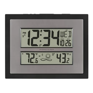 512-65937 Black Atomic Digital Clock with Temperature | Color: Black/Gray, Forecast, Atomic Time, DST reset, Crescendo Alarm, Wireless 330ft range transmits Outdoor temperature 512-65937 Black Atomic Digital Clock with Temperature | Color: Black/Gray, Forecast, Atomic Time, DST reset, Crescendo Alarm, Wireless 330ft range transmits Outdoor temperature