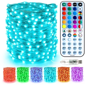 USB RGB Fairy Lights with Remote, 33ft 100 LED for Xmas Halloween | Silver wire color changing LED w/ rainbow mode; 540+ modes; Brightness & speed adjust; Music sync for wedding indoor holiday USB RGB Fairy Lights with Remote, 33ft 100 LED for Xmas Halloween | Silver wire color changing LED w/ rainbow mode; 540+ modes; Brightness & speed adjust; Music sync for wedding indoor holiday