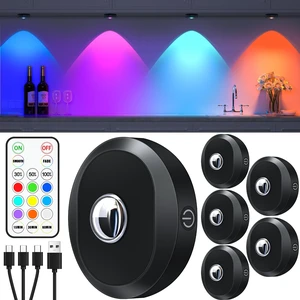 Rechargeable RGB Puck Lights with Remote,Wireless LED Tap Lights | Dimmable Touch Control Under Cabinet Lighting, USB Lights for Shelf,Cabinet,Kitchen & Closet,6 Pack Rechargeable RGB Puck Lights with Remote,Wireless LED Tap Lights | Dimmable Touch Control Under Cabinet Lighting, USB Lights for Shelf,Cabinet,Kitchen & Closet,6 Pack