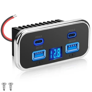 12V USB Outlet Panel, 4-Port Car Charger with Dual 20W PD USB-C & Dual 18W QC3.0 Ports, Built-in Voltmeter, 12V/24V RV Charging Panel for Camper Travel Trailer 12V USB Outlet Panel, 4-Port Car Charger with Dual 20W PD USB-C & Dual 18W QC3.0 Ports, Built-in Voltmeter, 12V/24V RV Charging Panel for Camper Travel Trailer