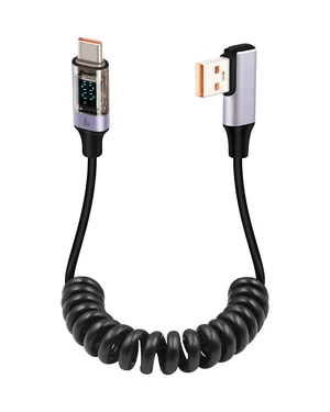 Coiled USB to USB C Cable with LED Display, 90 Degree 66W Fast Charging Retractable USBC Cord for Phones, Tablets, Power Bank and More (90 Degree USB A to C) Coiled USB to USB C Cable with LED Display, 90 Degree 66W Fast Charging Retractable USBC Cord for Phones, Tablets, Power Bank and More (90 Degree USB A to C)