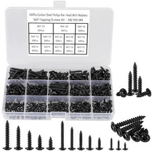 420pcs Black Phillips Truss Head Self-Tapping Wood Screws, 13 Sizes M2 M3 M4 Wafer Head, Pan Head with Washer Tapper Screws Assortment Kit for Wood, Plastic and Soft Metal, Carbon Steel, Sharp Point 420pcs Black Phillips Truss Head Self-Tapping Wood Screws, 13 Sizes M2 M3 M4 Wafer Head, Pan Head with Washer Tapper Screws Assortment Kit for Wood, Plastic and Soft Metal, Carbon Steel, Sharp Point