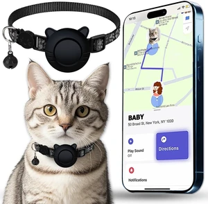 GPS Tracker for Cat Tracker Collar Waterproof Airtag Compatible with Apple Find My (iOS ONLY) No Monthly Fee Breakaway Design Reflective Pattern Bell Black Durable Cat Tracking GPS Tracker for Cat Tracker Collar Waterproof Airtag Compatible with Apple Find My (iOS ONLY) No Monthly Fee Breakaway Design Reflective Pattern Bell Black Durable Cat Tracking