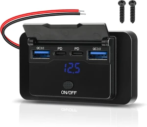78W 12V USB Outlet, Dual PD 36W and Dual QC3.0, Voltmeter, Switch | 4-port 78W charger with 2 USB-C PD 36W and 2 USB-A QC3.0 18W ports, blue voltmeter, and on/off switch for 12V vehicles 78W 12V USB Outlet, Dual PD 36W and Dual QC3.0, Voltmeter, Switch | 4-port 78W charger with 2 USB-C PD 36W and 2 USB-A QC3.0 18W ports, blue voltmeter, and on/off switch for 12V vehicles
