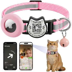 Cat Collar with AirTag Holder, QR Code Tag and Bell (Pink) | Reflective Breakaway, QR Code ID Tag Cat Collar with AirTag Holder, QR Code Tag and Bell (Pink) | Reflective Breakaway, QR Code ID Tag
