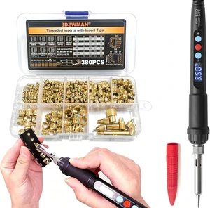 Heat Set Insert Tools kit with 60W Soldering Iron & 380 Pcs Threaded Insert | With quick change M2-M8 sizes heat insert tips & brass nuts for plastic & 3D printing heat embedding Heat Set Insert Tools kit with 60W Soldering Iron & 380 Pcs Threaded Insert | With quick change M2-M8 sizes heat insert tips & brass nuts for plastic & 3D printing heat embedding