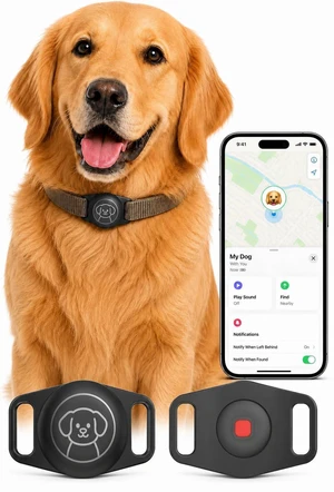 Dog Tracker, Works with Apple Find My, IP67, 2-Pack Black | Bluetooth pet trackers with collar holders work with the Find My app to help locate dogs during daily walks and travel. Dog Tracker, Works with Apple Find My, IP67, 2-Pack Black | Bluetooth pet trackers with collar holders work with the Find My app to help locate dogs during daily walks and travel.