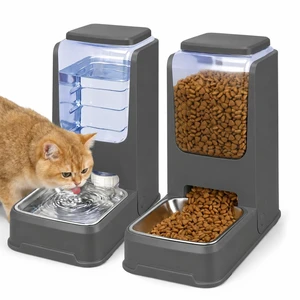 Automatic Cat Feeder and Water Dispenser Set with Stainless Steel Bowls, Gravity Dog Food and Waterer Large Capacity Pet Feeder for Small Medium Kitty Puppy, Gray Automatic Cat Feeder and Water Dispenser Set with Stainless Steel Bowls, Gravity Dog Food and Waterer Large Capacity Pet Feeder for Small Medium Kitty Puppy, Gray