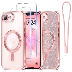 for iPhone 17e & 16e Case with 2X Screen Protectors, Rose Gold | Compatible with Magsafe, Double Raised Camera Protection, with Glitter Card & Wrist Strap, Metallic-Plated Edge & Clear Back for iPhone 17e & 16e Case with 2X Screen Protectors, Rose Gold | Compatible with Magsafe, Double Raised Camera Protection, with Glitter Card & Wrist Strap, Metallic-Plated Edge & Clear Back