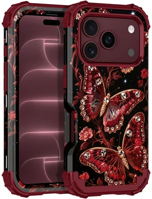 for iPhone 18 Pro Case 3 in 1 Shockproof Heavy Duty Rugged Hard PC+Soft Silicone Full Body Protective Cover Butterfly Case for Apple iPhone 18 Pro, Ruby Gem Butterfly for iPhone 18 Pro Case 3 in 1 Shockproof Heavy Duty Rugged Hard PC+Soft Silicone Full Body Protective Cover Butterfly Case for Apple iPhone 18 Pro, Ruby Gem Butterfly