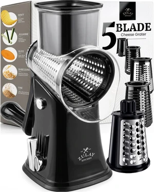 Rotary Cheese Grater Manual Hand Crank 5 Blade Shredder, Black & Chrome | 5 Interchangeable Drums With Reinforced Suction Non-Slip Base Kitchen Countertops for Fresh Cheese, Vegetables & Other Food Rotary Cheese Grater Manual Hand Crank 5 Blade Shredder, Black & Chrome | 5 Interchangeable Drums With Reinforced Suction Non-Slip Base Kitchen Countertops for Fresh Cheese, Vegetables & Other Food