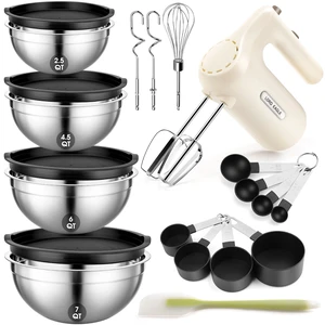 5-Speed Hand Mixer Electric With 4 Mixing Bowls Set | 300W Lightweight Kitchen Handheld Mixer with Measuring Cups & Spoons, Stainless Steel Bowls, Baking Supplies for Cake, Cream 5-Speed Hand Mixer Electric With 4 Mixing Bowls Set | 300W Lightweight Kitchen Handheld Mixer with Measuring Cups & Spoons, Stainless Steel Bowls, Baking Supplies for Cake, Cream