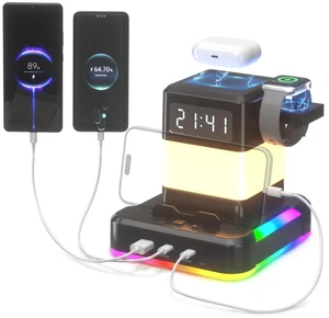 Bedside Lamp with Wireless Charger, 6 in 1 Table Lamp with Digital Clock and USB A&C Ports for Watch Earbuds, RGB Nightstand Light with 4 Lighting Modes for Living Room, Bedroom, Kids Room Bedside Lamp with Wireless Charger, 6 in 1 Table Lamp with Digital Clock and USB A&C Ports for Watch Earbuds, RGB Nightstand Light with 4 Lighting Modes for Living Room, Bedroom, Kids Room
