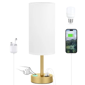 Bedside Table Lamp for Bedroom - 3-Way Dimmable Touch Lamp, USB A+C | LED Bulb Included, 14" Small Nightstand Lamp for Desk, Living Room, Guest Room, White Fabric Lampshade, Gold Metal Base Bedside Table Lamp for Bedroom - 3-Way Dimmable Touch Lamp, USB A+C | LED Bulb Included, 14" Small Nightstand Lamp for Desk, Living Room, Guest Room, White Fabric Lampshade, Gold Metal Base
