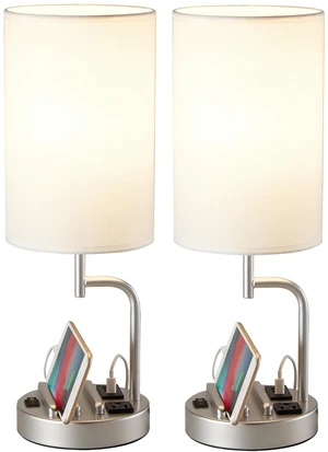 Table Lamp with 3 USB Charging Ports, Modern Desk Lamp with AC Outlet and Phone Stands, Perfect Bedside Lamp for Bedroom, Living Room, Office (Pack of 2), Silver Table Lamp with 3 USB Charging Ports, Modern Desk Lamp with AC Outlet and Phone Stands, Perfect Bedside Lamp for Bedroom, Living Room, Office (Pack of 2), Silver