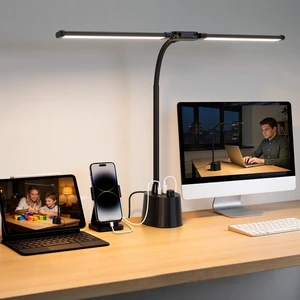 Desk Lamp with USB Charging Ports, Dual Head Adjustable 5 Color Dimmable | Eye-Caring Reading Light with Adapter, Memory & 30min Timer Table Lamp Desk Light for Home Office Bedroom Bedside Dorm Black Desk Lamp with USB Charging Ports, Dual Head Adjustable 5 Color Dimmable | Eye-Caring Reading Light with Adapter, Memory & 30min Timer Table Lamp Desk Light for Home Office Bedroom Bedside Dorm Black