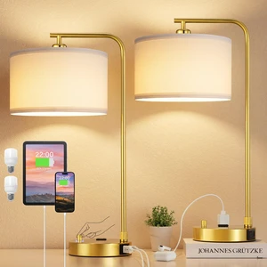 Gold Bedside Lamps Set of 2, Fully Dimmable Lamps for Night Stands, USB A+C | Modern, Linen Lampshade, USB Port and Outlet, Tall Desk Lamps for Bedroom, Nightstand, Living Room, Home Office, End Table Gold Bedside Lamps Set of 2, Fully Dimmable Lamps for Night Stands, USB A+C | Modern, Linen Lampshade, USB Port and Outlet, Tall Desk Lamps for Bedroom, Nightstand, Living Room, Home Office, End Table