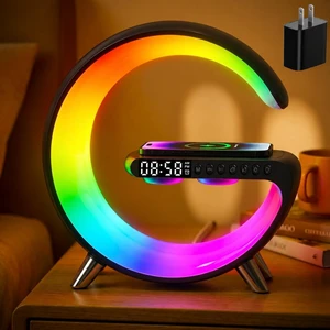 Smart LED Table Lamp,4-in-1 Wireless Charger with Speaker,Night Light, Alarm Clock, and Bluetooth Speaker with App Control for Bedroom and Home Decor (Black, Large) Smart LED Table Lamp,4-in-1 Wireless Charger with Speaker,Night Light, Alarm Clock, and Bluetooth Speaker with App Control for Bedroom and Home Decor (Black, Large)