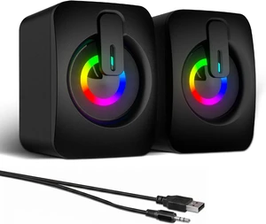 RGB Computer Speakers, USB Powered 3.5mm Stereo for PC Laptop Clear Stereo Sound, 7-Color RGB Lighting, USB Plug & Play, Compact Design with Inline Volume Control for Everyday Use RGB Computer Speakers, USB Powered 3.5mm Stereo for PC Laptop Clear Stereo Sound, 7-Color RGB Lighting, USB Plug & Play, Compact Design with Inline Volume Control for Everyday Use