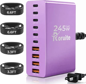 USB C Charging Station 10 Port with 4 Cables, 245W GaN Charger Block, Type C Wall Charger Power Strip Adapter Plug for iPad iPhone17 16 15 14 13 12 Pro Max Pixel Note Galaxy Purple USB C Charging Station 10 Port with 4 Cables, 245W GaN Charger Block, Type C Wall Charger Power Strip Adapter Plug for iPad iPhone17 16 15 14 13 12 Pro Max Pixel Note Galaxy Purple