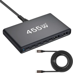 455W GaN5 7-Port Slim Design Charging Station + 240W 6.6 ft Data Cable, Compatible with Phones, Tablets, Laptops, Smart Wearables, and Gaming Devices 455W GaN5 7-Port Slim Design Charging Station + 240W 6.6 ft Data Cable, Compatible with Phones, Tablets, Laptops, Smart Wearables, and Gaming Devices