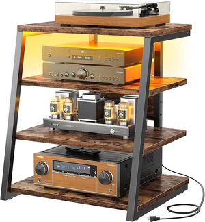AV Media Stand, Stereo Stands and Racks Small Entertainment Center, Corner Shelf Stand with Power Strip & LED Lights, Audio Tower HIFI Rack Stereo Shelf CRT TV Stand, 4 Tier, Rustic Brown AV Media Stand, Stereo Stands and Racks Small Entertainment Center, Corner Shelf Stand with Power Strip & LED Lights, Audio Tower HIFI Rack Stereo Shelf CRT TV Stand, 4 Tier, Rustic Brown