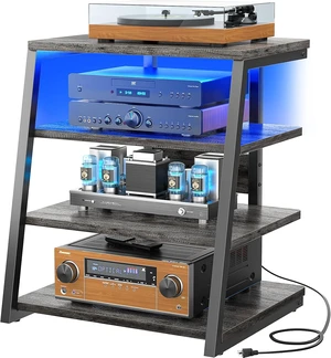 AV Media Stand, Stereo Stands and Racks Small Entertainment Center, Corner Shelf Stand with Power Strip & LED Lights, Audio Tower HIFI Rack Stereo Shelf CRT TV Stand, 4 Tier, Grey Oak AV Media Stand, Stereo Stands and Racks Small Entertainment Center, Corner Shelf Stand with Power Strip & LED Lights, Audio Tower HIFI Rack Stereo Shelf CRT TV Stand, 4 Tier, Grey Oak