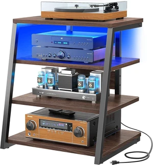 AV Media Stand, Stereo Stands and Racks Small Entertainment Center Corner Shelf Stand with Power Strip & LED Lights, Audio Tower HIFI Rack Stereo Shelf CRT TV Stand, 4 Tier, Black Walnut AV Media Stand, Stereo Stands and Racks Small Entertainment Center Corner Shelf Stand with Power Strip & LED Lights, Audio Tower HIFI Rack Stereo Shelf CRT TV Stand, 4 Tier, Black Walnut