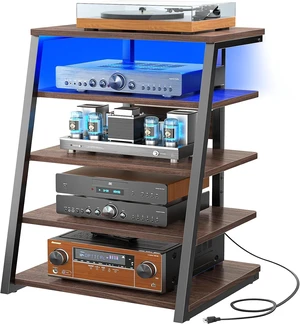 AV Media Stand, Stereo Stands and Racks Small Entertainment Center, Corner Shelf Stand with Power Strip & LED Lights, Audio Tower HIFI Rack Stereo Shelf CRT TV Stand, 5 Tier, Black Walnut Black Walnut AV Media Stand, Stereo Stands and Racks Small Entertainment Center, Corner Shelf Stand with Power Strip & LED Lights, Audio Tower HIFI Rack Stereo Shelf CRT TV Stand, 5 Tier, Black Walnut Black Walnut