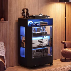 6-Tier Media Cabinet with Tempered Glass Door & LED Lights, Rolling AV Stereo Cabinet with Push-to-Open Door, Hidden Storage & Cable Management, Audio Stand for Living Room, Gaming Room 6-Tier Media Cabinet with Tempered Glass Door & LED Lights, Rolling AV Stereo Cabinet with Push-to-Open Door, Hidden Storage & Cable Management, Audio Stand for Living Room, Gaming Room