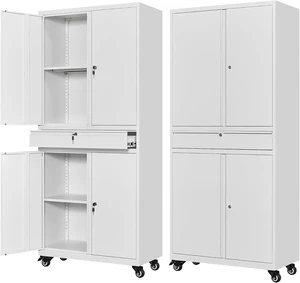 Metal Garage Storage Cabinet with Wheels,Rolling Tool Cabinet with 4 Door Lock-Adjustable Shelves and 1 Drawer for Garage Home Office Utility Room (White with Wheels) Metal Garage Storage Cabinet with Wheels,Rolling Tool Cabinet with 4 Door Lock-Adjustable Shelves and 1 Drawer for Garage Home Office Utility Room (White with Wheels)